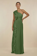Ruffled One - Shoulder Pleated Sheath Bridesmaid Dress in Moss - SHE IS ME Bridesmaid Dresses