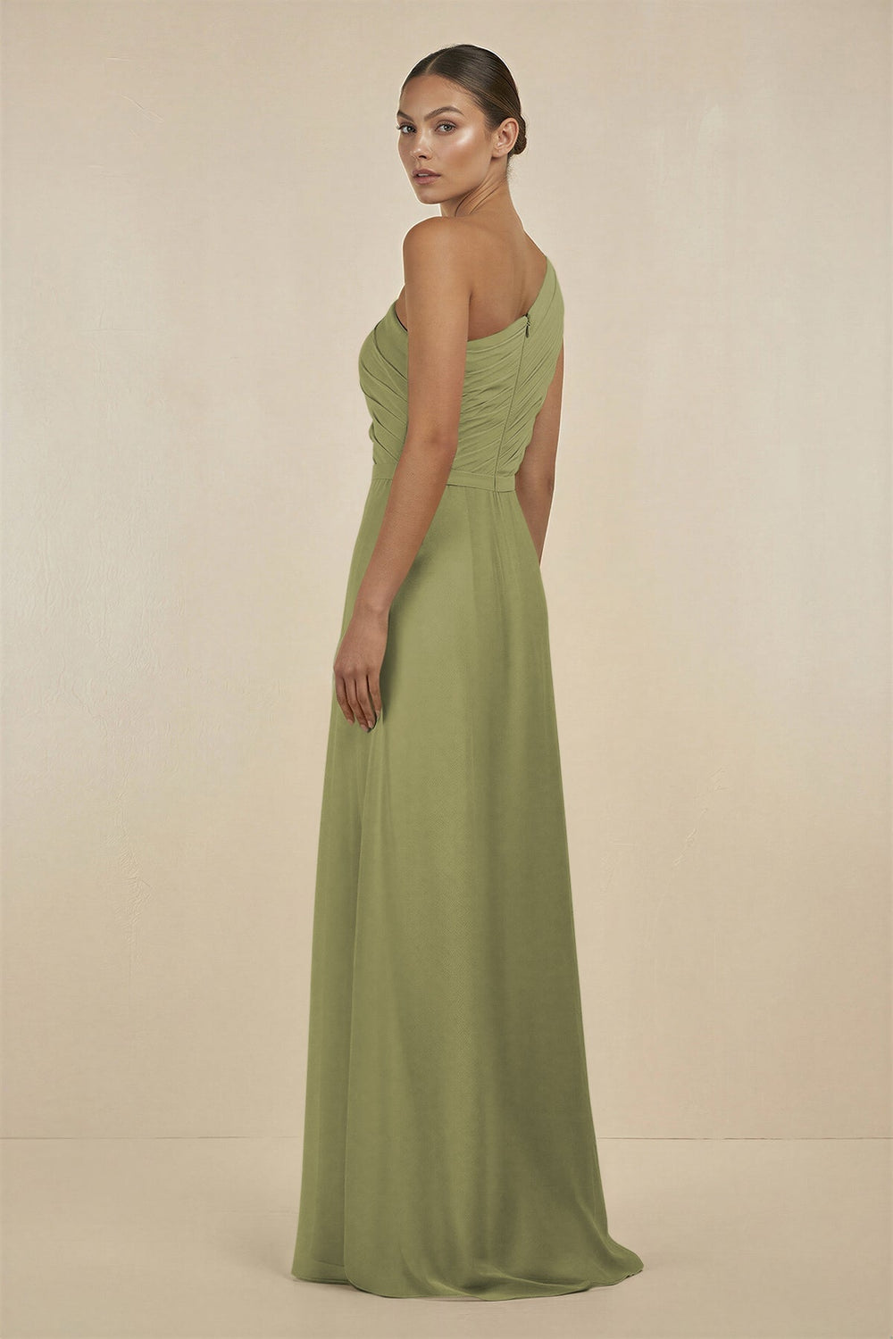 Ruffled One - Shoulder Pleated Sheath Bridesmaid Dress in Moss Green - SHE IS ME Bridesmaid Dresses