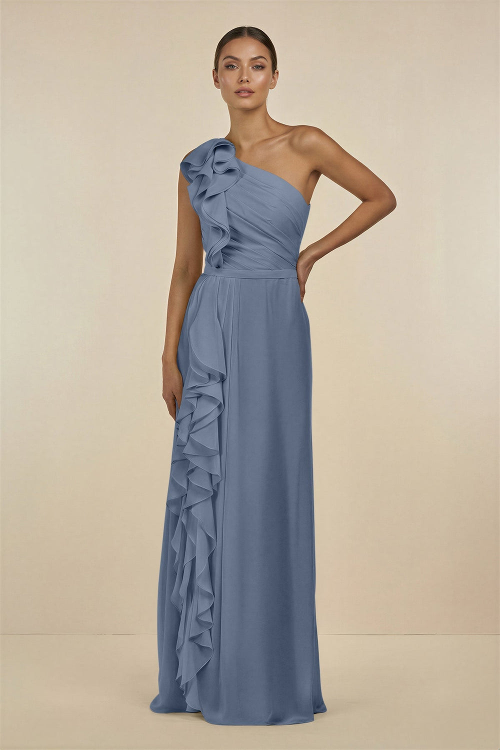 Ruffled One - Shoulder Pleated Sheath Bridesmaid Dress in Neptune - SHE IS ME Bridesmaid Dresses