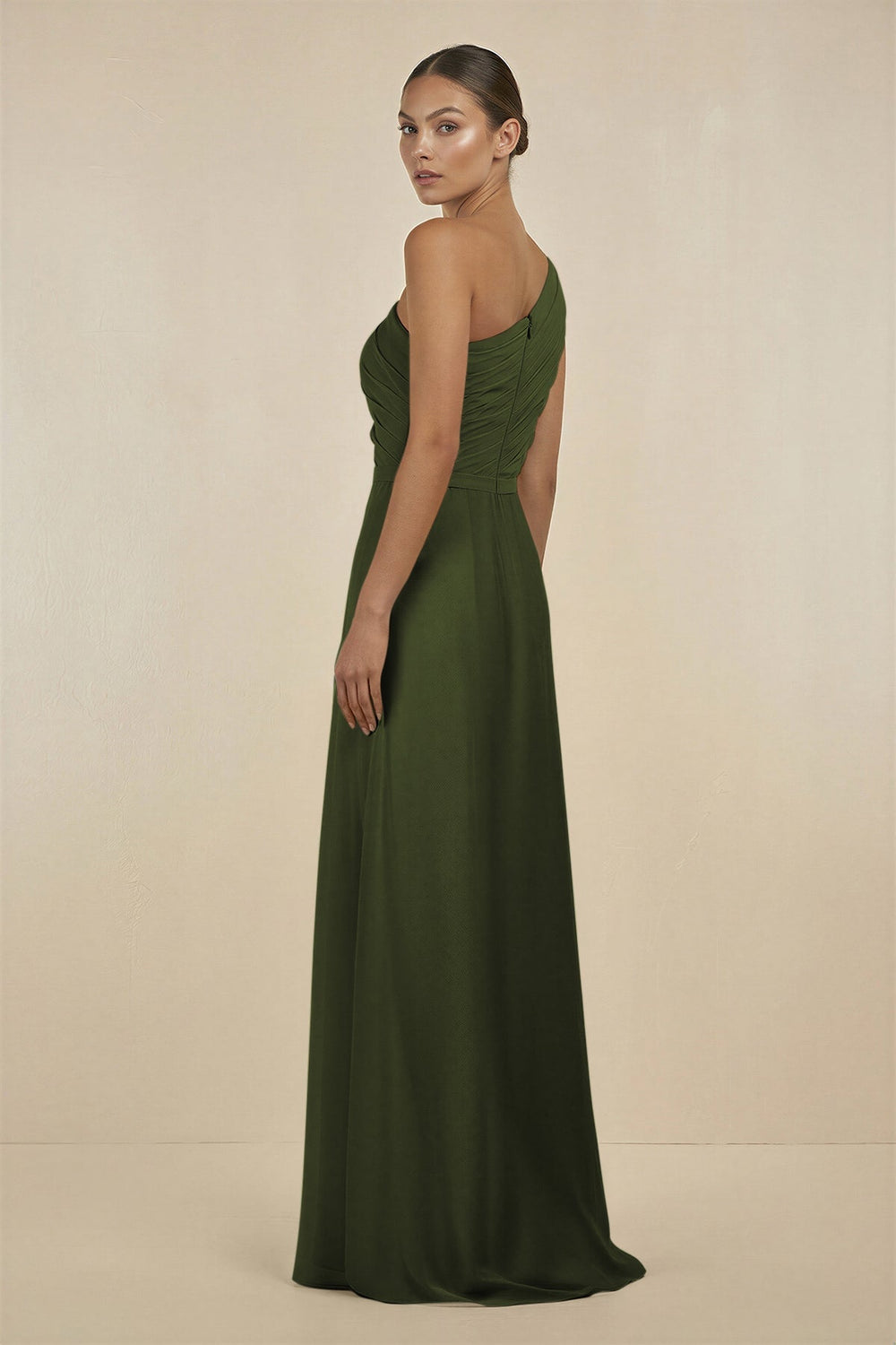 Ruffled One - Shoulder Pleated Sheath Bridesmaid Dress in Olive - SHE IS ME Bridesmaid Dresses