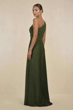 Ruffled One - Shoulder Pleated Sheath Bridesmaid Dress in Olive - SHE IS ME Bridesmaid Dresses