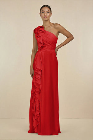 Ruffled One - Shoulder Pleated Sheath Bridesmaid Dress in Ruby Red - SHE IS ME Bridesmaid Dresses