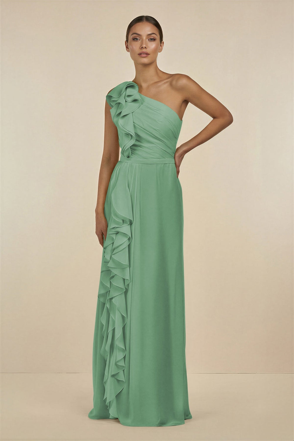 Ruffled One - Shoulder Pleated Sheath Bridesmaid Dress in Sea Glass - SHE IS ME Bridesmaid Dresses