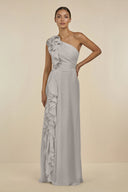 Ruffled One - Shoulder Pleated Sheath Bridesmaid Dress in Silver - SHE IS ME Bridesmaid Dresses
