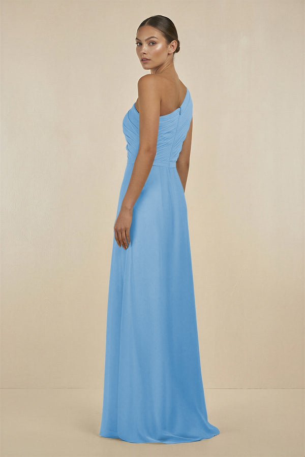 Ruffled One - Shoulder Pleated Sheath Bridesmaid Dress in Steel Blue - SHE IS ME Bridesmaid Dresses
