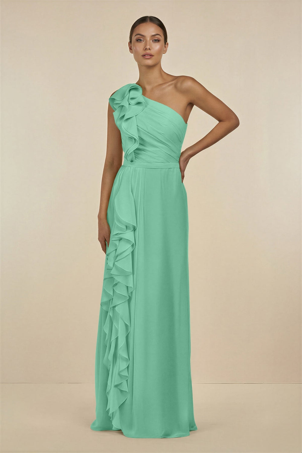 Ruffled One - Shoulder Pleated Sheath Bridesmaid Dress in Turquoise - SHE IS ME Bridesmaid Dresses