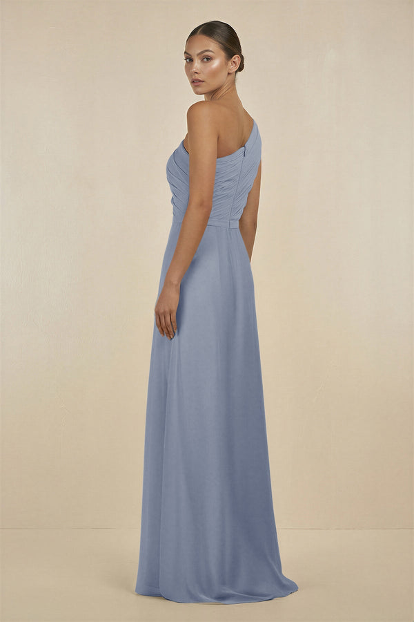 Ruffled One - Shoulder Pleated Sheath Bridesmaid Dress in Twilight - SHE IS ME Bridesmaid Dresses
