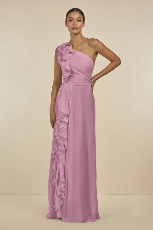 Ruffled One - Shoulder Pleated Sheath Bridesmaid Dress in Vintage Mauve - SHE IS ME Bridesmaid Dresses