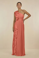Ruffled One - Shoulder Pleated Sheath Bridesmaid Dress in Wild Rose - SHE IS ME Bridesmaid Dresses