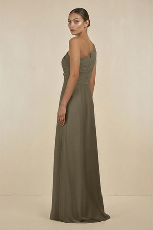 Ruffled One - Shoulder Pleated Sheath Bridesmaid Dress in Willow Green - SHE IS ME Bridesmaid Dresses