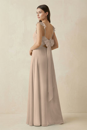 Ruffled Sleeve A - Line Chiffon Bridesmaid Dress in Almond - SHE IS ME Bridesmaid Dresses