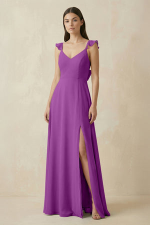 Ruffled Sleeve A - Line Chiffon Bridesmaid Dress in Amethyst - SHE IS ME Bridesmaid Dresses