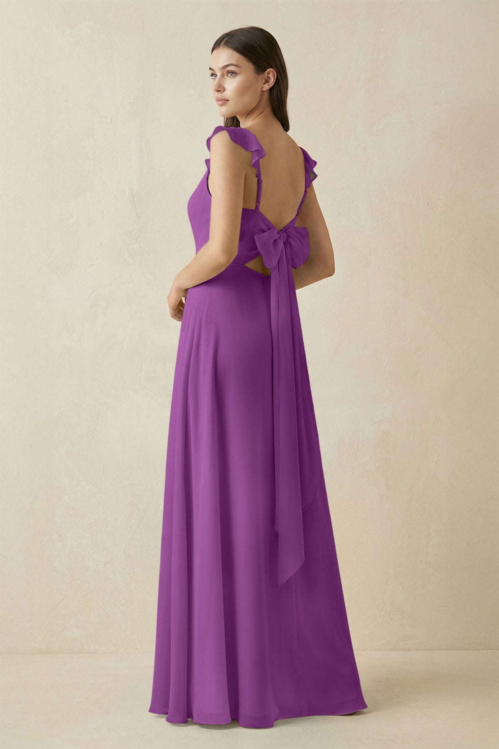 Ruffled Sleeve A - Line Chiffon Bridesmaid Dress in Amethyst - SHE IS ME Bridesmaid Dresses