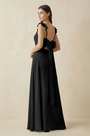 Ruffled Sleeve A - Line Chiffon Bridesmaid Dress in Black - SHE IS ME Bridesmaid Dresses