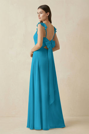 Ruffled Sleeve A - Line Chiffon Bridesmaid Dress in Blue Jay - SHE IS ME Bridesmaid Dresses