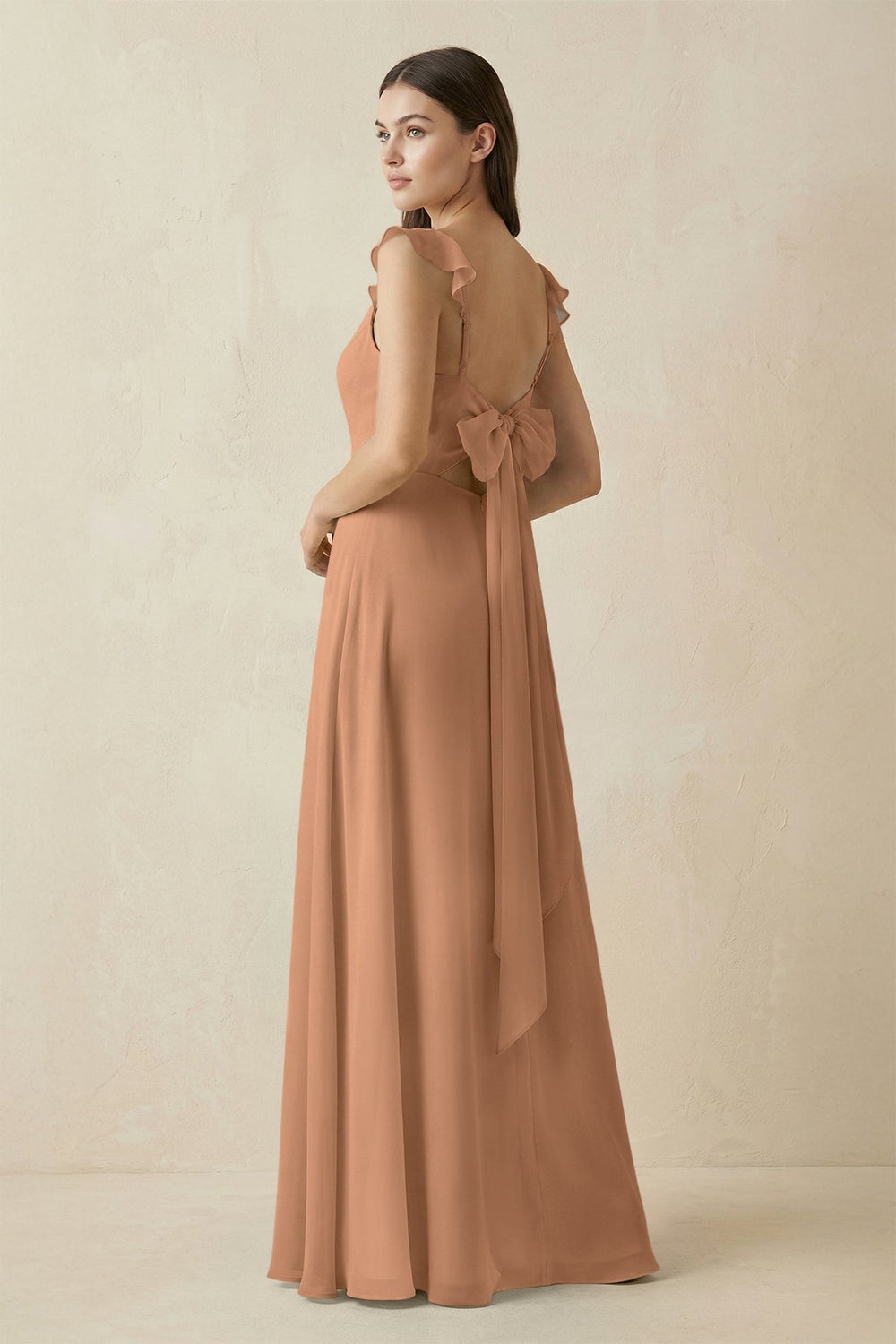 Ruffled Sleeve A - Line Chiffon Bridesmaid Dress in Bronzer - SHE IS ME Bridesmaid Dresses
