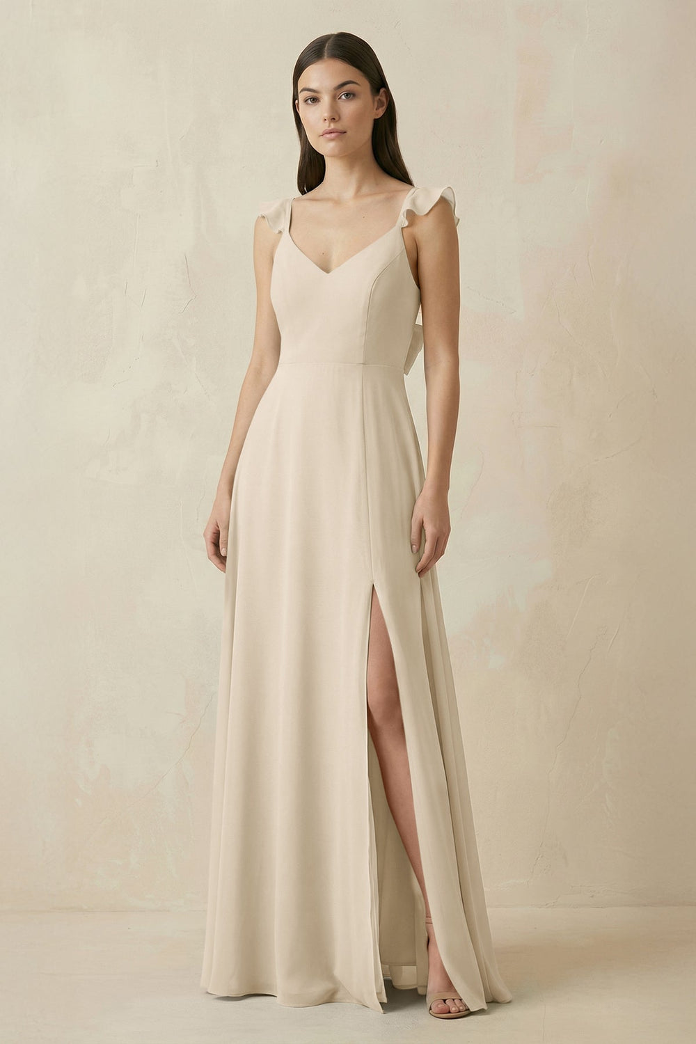 Ruffled Sleeve A - Line Chiffon Bridesmaid Dress in Champagne - SHE IS ME Bridesmaid Dresses
