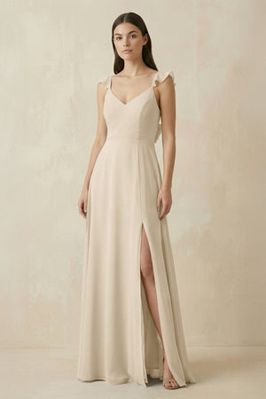 Ruffled Sleeve A - Line Chiffon Bridesmaid Dress in Champagne - SHE IS ME Bridesmaid Dresses