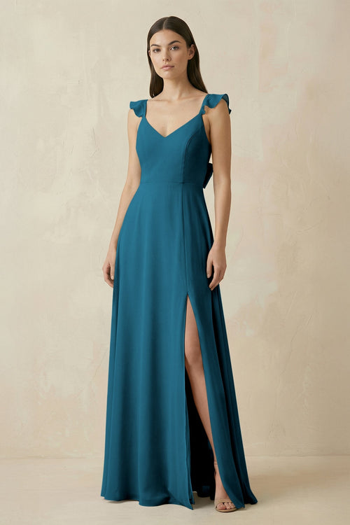 Ruffled Sleeve A - Line Chiffon Bridesmaid Dress in Dark Teal - SHE IS ME Bridesmaid Dresses