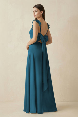 Ruffled Sleeve A - Line Chiffon Bridesmaid Dress in Dark Teal - SHE IS ME Bridesmaid Dresses