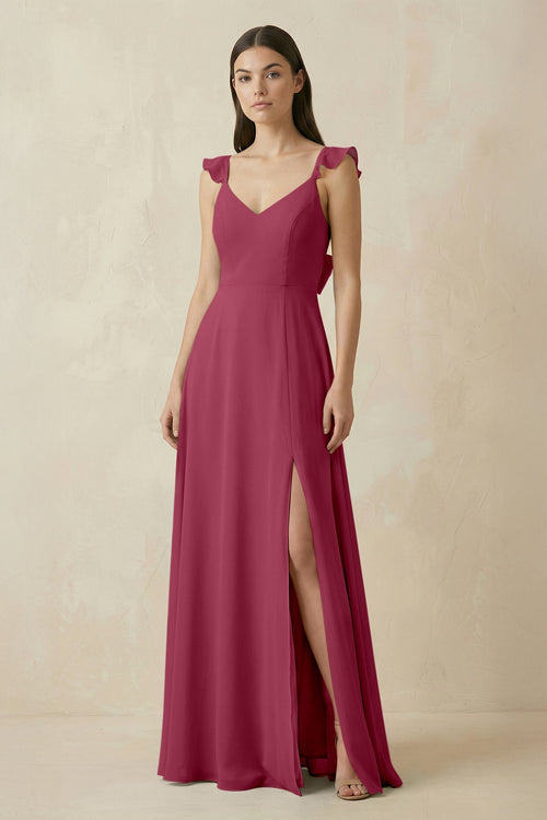 Ruffled Sleeve A - Line Chiffon Bridesmaid Dress in Desert Rose - SHE IS ME Bridesmaid Dresses