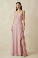Ruffled Sleeve A - Line Chiffon Bridesmaid Dress in Dusty Rose - SHE IS ME Bridesmaid Dresses