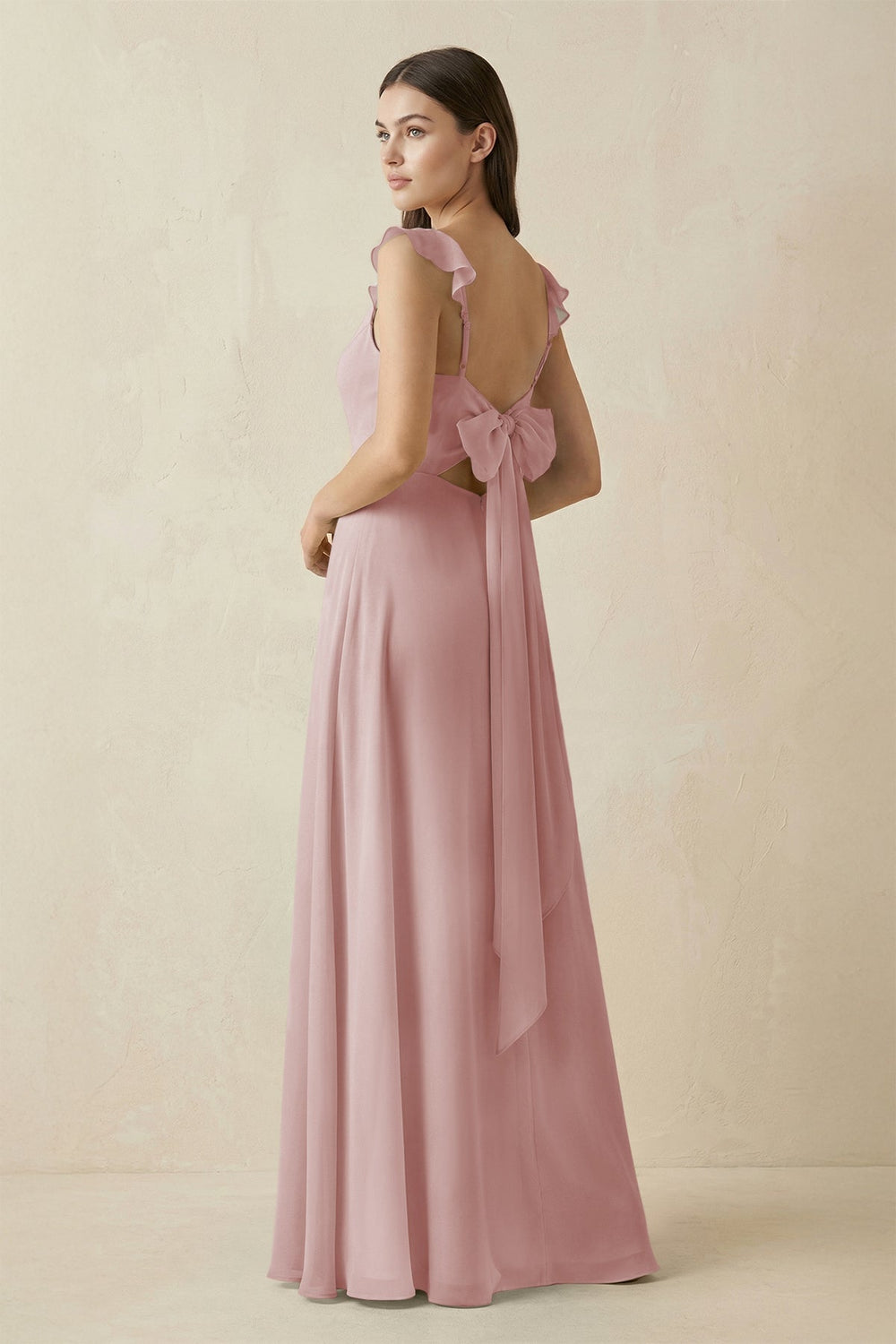 Ruffled Sleeve A - Line Chiffon Bridesmaid Dress in Dusty Rose - SHE IS ME Bridesmaid Dresses