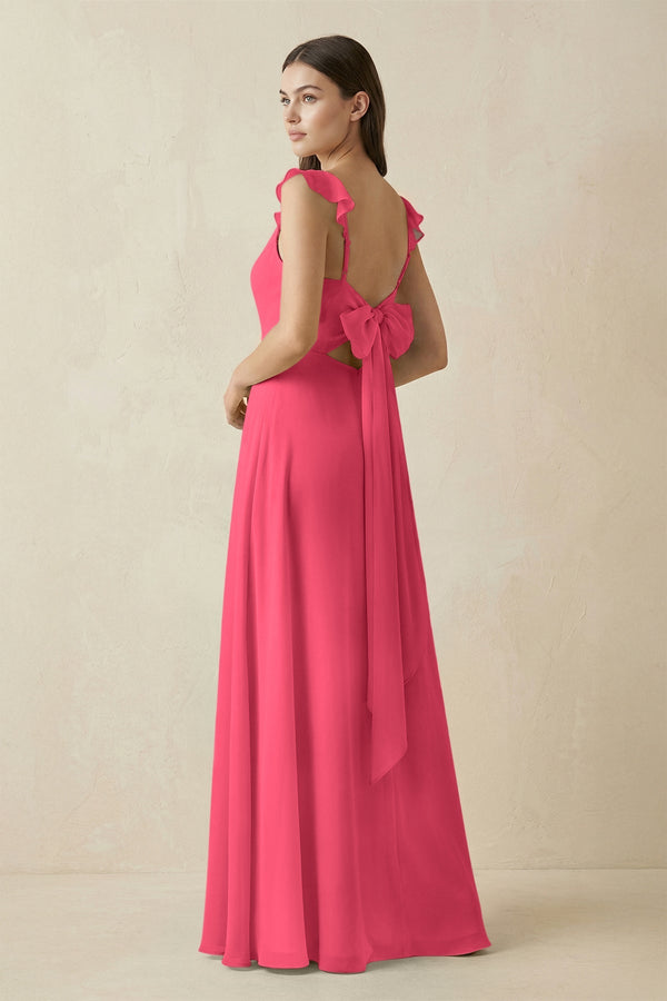 Ruffled Sleeve A - Line Chiffon Bridesmaid Dress in Fuchsia - SHE IS ME Bridesmaid Dresses