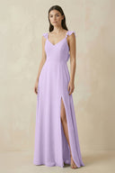 Ruffled Sleeve A - Line Chiffon Bridesmaid Dress in Lavender - SHE IS ME Bridesmaid Dresses
