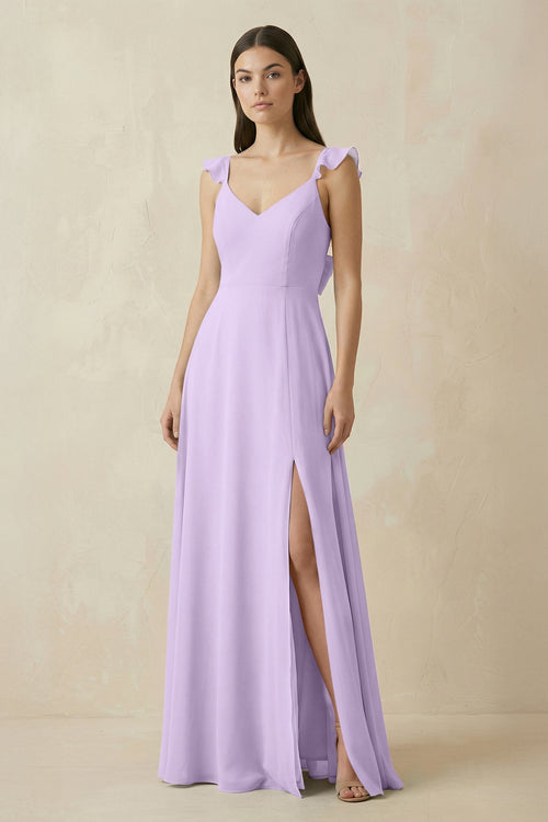Ruffled Sleeve A - Line Chiffon Bridesmaid Dress in Lavender - SHE IS ME Bridesmaid Dresses