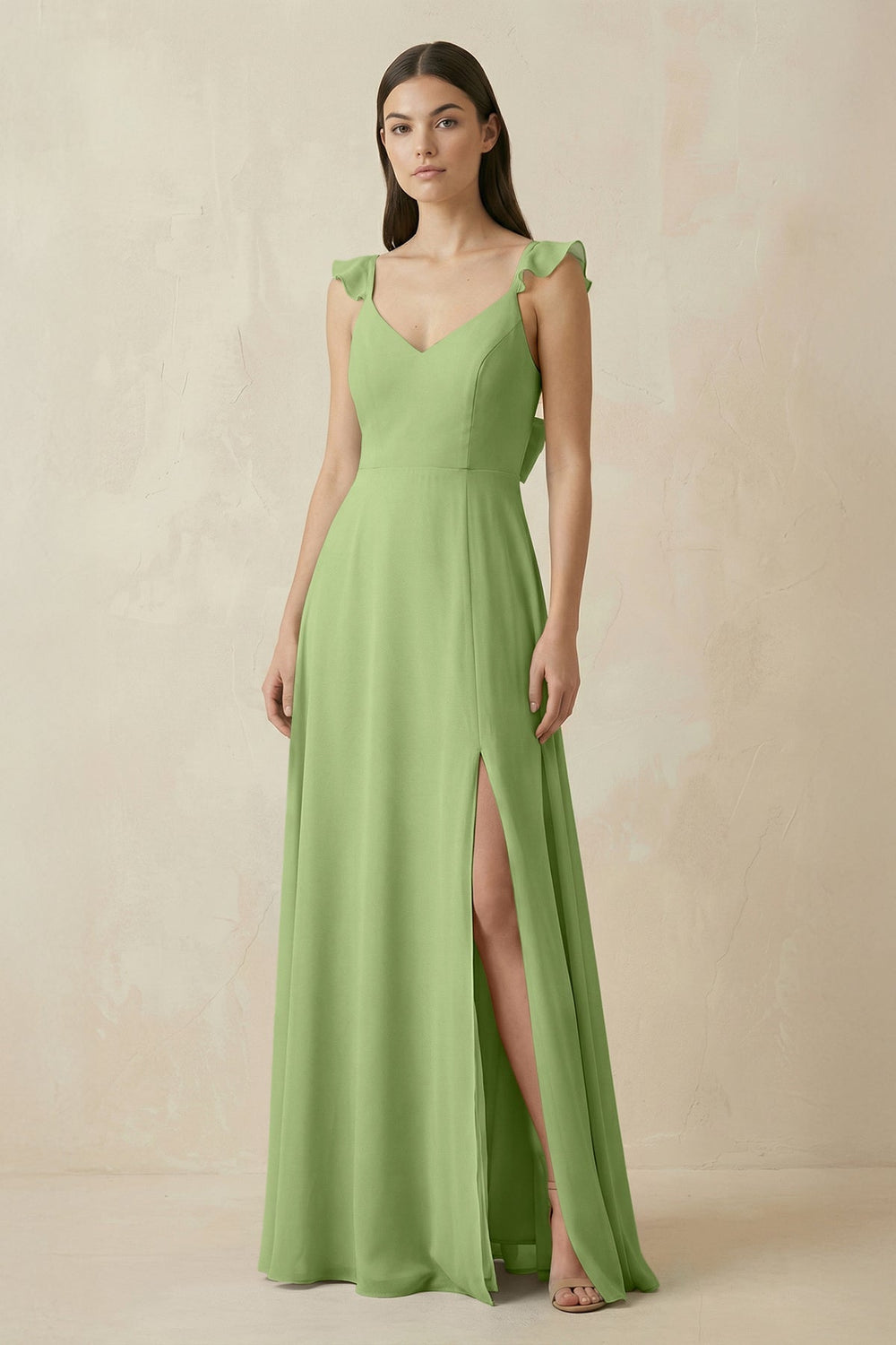 Ruffled Sleeve A - Line Chiffon Bridesmaid Dress in Matcha - SHE IS ME Bridesmaid Dresses