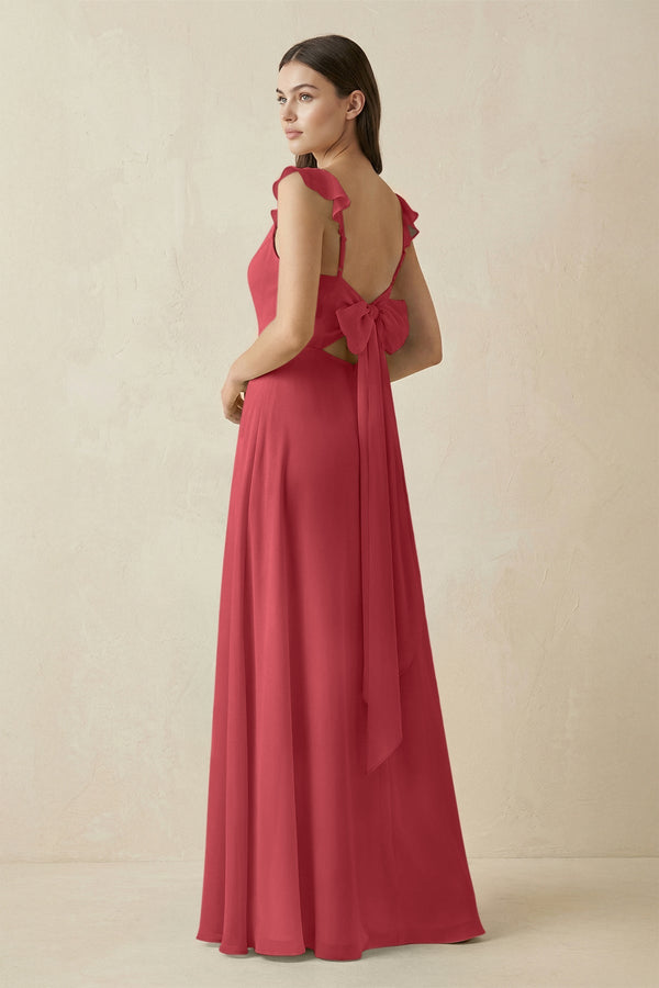 Ruffled Sleeve A - Line Chiffon Bridesmaid Dress in Merlot - SHE IS ME Bridesmaid Dresses