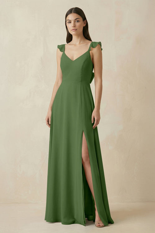 Ruffled Sleeve A - Line Chiffon Bridesmaid Dress in Moss - SHE IS ME Bridesmaid Dresses