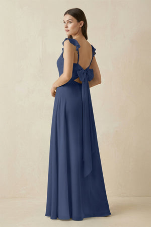 Ruffled Sleeve A - Line Chiffon Bridesmaid Dress in Navy - SHE IS ME Bridesmaid Dresses