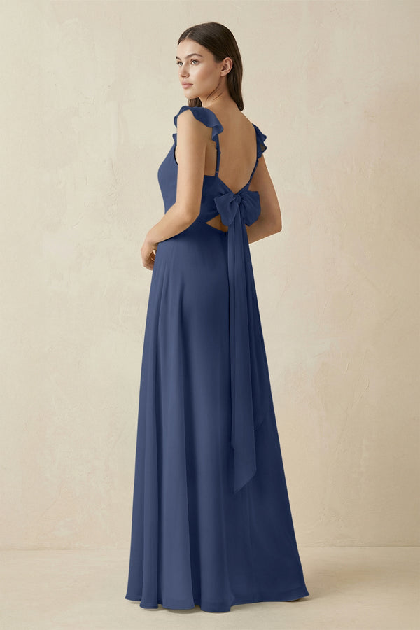 Ruffled Sleeve A - Line Chiffon Bridesmaid Dress in Navy - SHE IS ME Bridesmaid Dresses