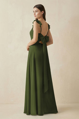 Ruffled Sleeve A - Line Chiffon Bridesmaid Dress in Olive - SHE IS ME Bridesmaid Dresses