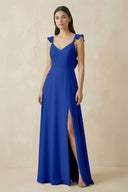 Ruffled Sleeve A - Line Chiffon Bridesmaid Dress in Royal Blue - SHE IS ME Bridesmaid Dresses