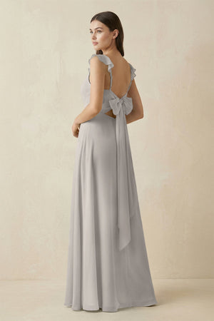Ruffled Sleeve A - Line Chiffon Bridesmaid Dress in Silver - SHE IS ME Bridesmaid Dresses