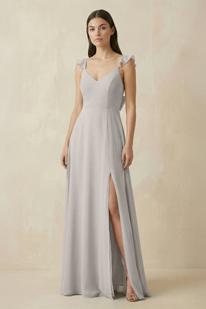 Ruffled Sleeve A - Line Chiffon Bridesmaid Dress in Silver - SHE IS ME Bridesmaid Dresses
