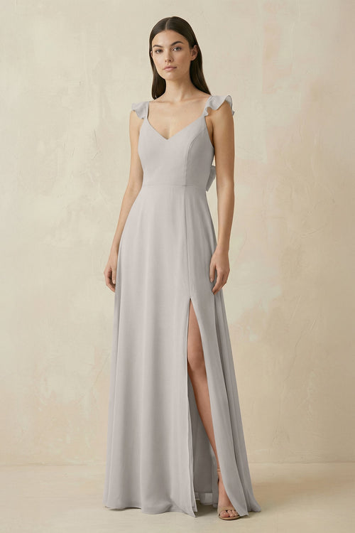 Ruffled Sleeve A - Line Chiffon Bridesmaid Dress in Silver - SHE IS ME Bridesmaid Dresses
