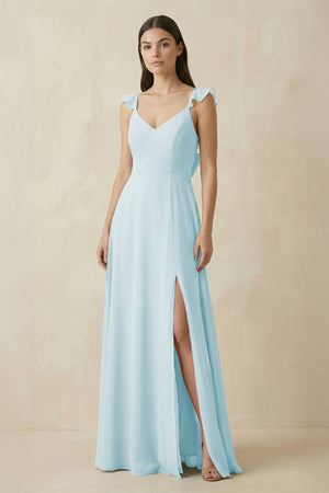 Ruffled Sleeve A - Line Chiffon Bridesmaid Dress in Sky Blue - SHE IS ME Bridesmaid Dresses
