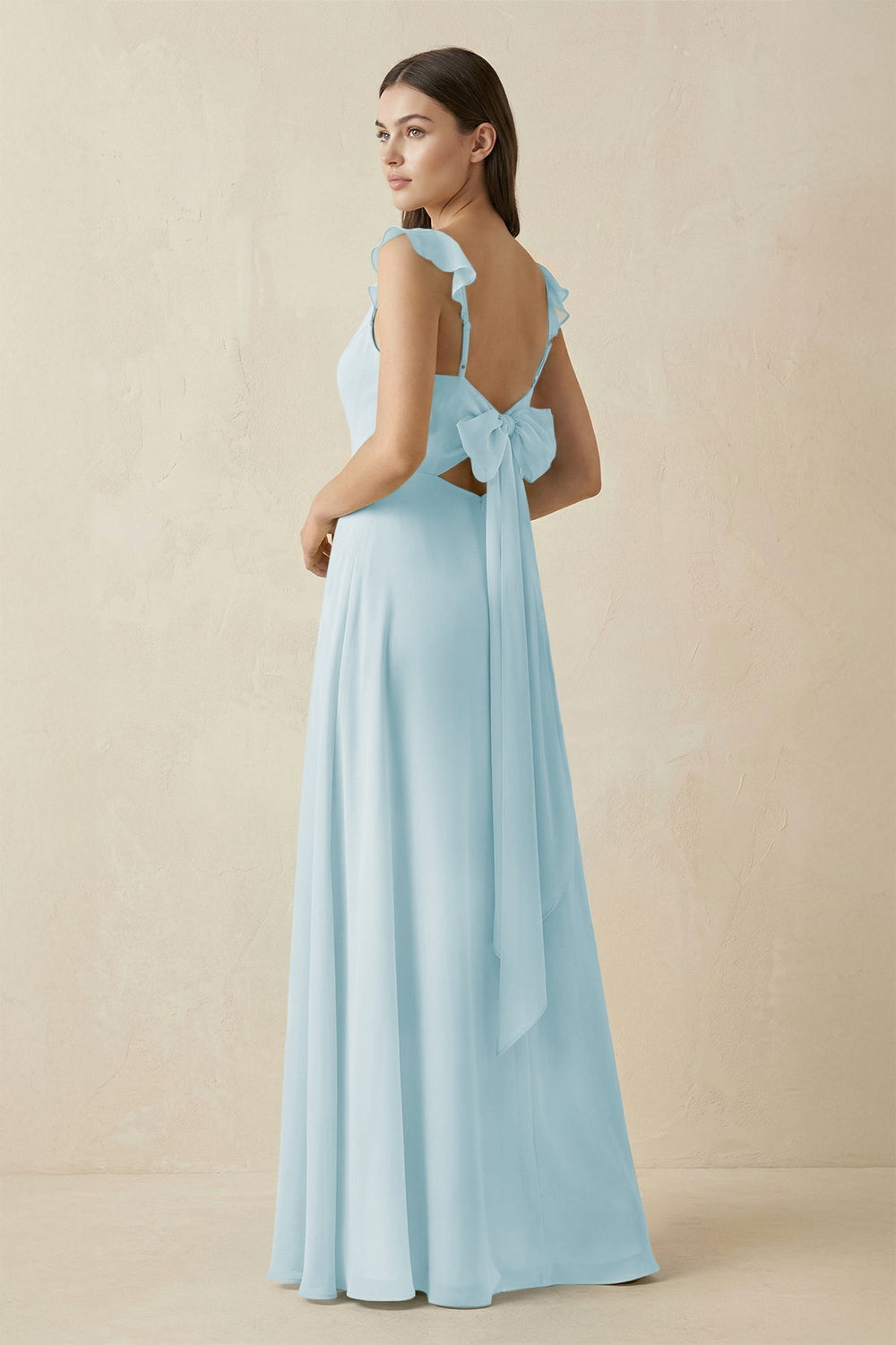Ruffled Sleeve A - Line Chiffon Bridesmaid Dress in Sky Blue - SHE IS ME Bridesmaid Dresses
