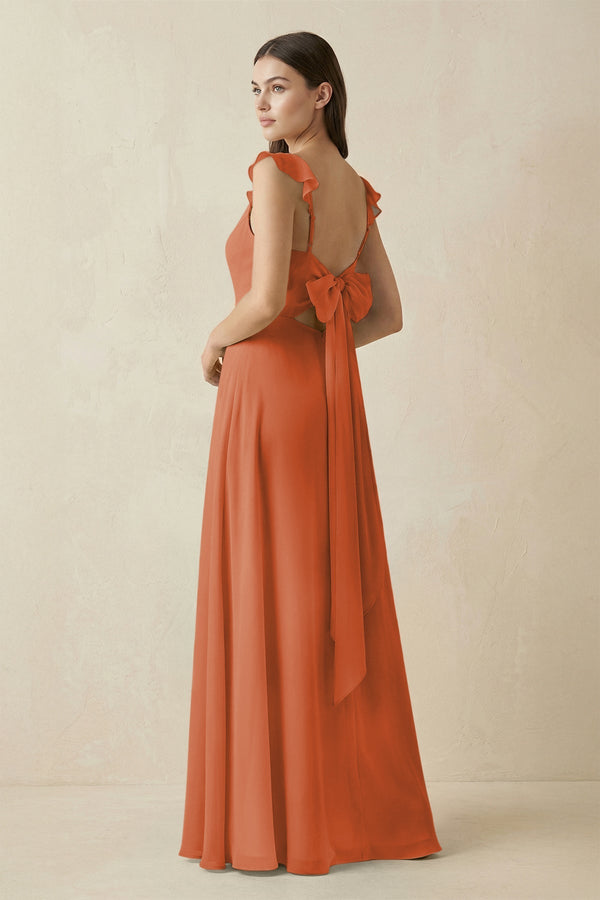 Ruffled Sleeve A - Line Chiffon Bridesmaid Dress in Terracotta - SHE IS ME Bridesmaid Dresses