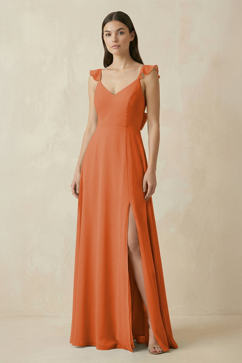 Ruffled Sleeve A - Line Chiffon Bridesmaid Dress in Terracotta - SHE IS ME Bridesmaid Dresses