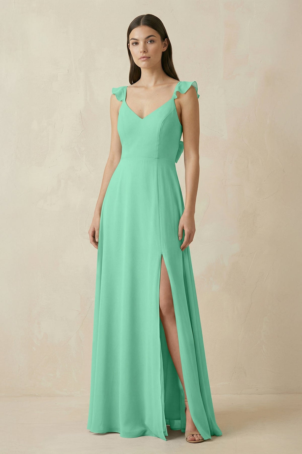 Ruffled Sleeve A - Line Chiffon Bridesmaid Dress in Turquoise - SHE IS ME Bridesmaid Dresses