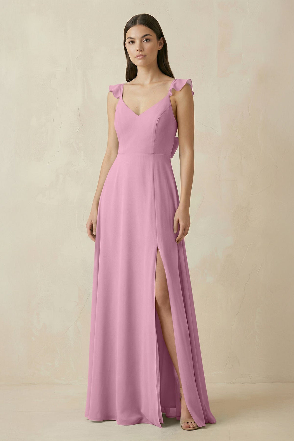 Ruffled Sleeve A - Line Chiffon Bridesmaid Dress in Vintage Mauve - SHE IS ME Bridesmaid Dresses