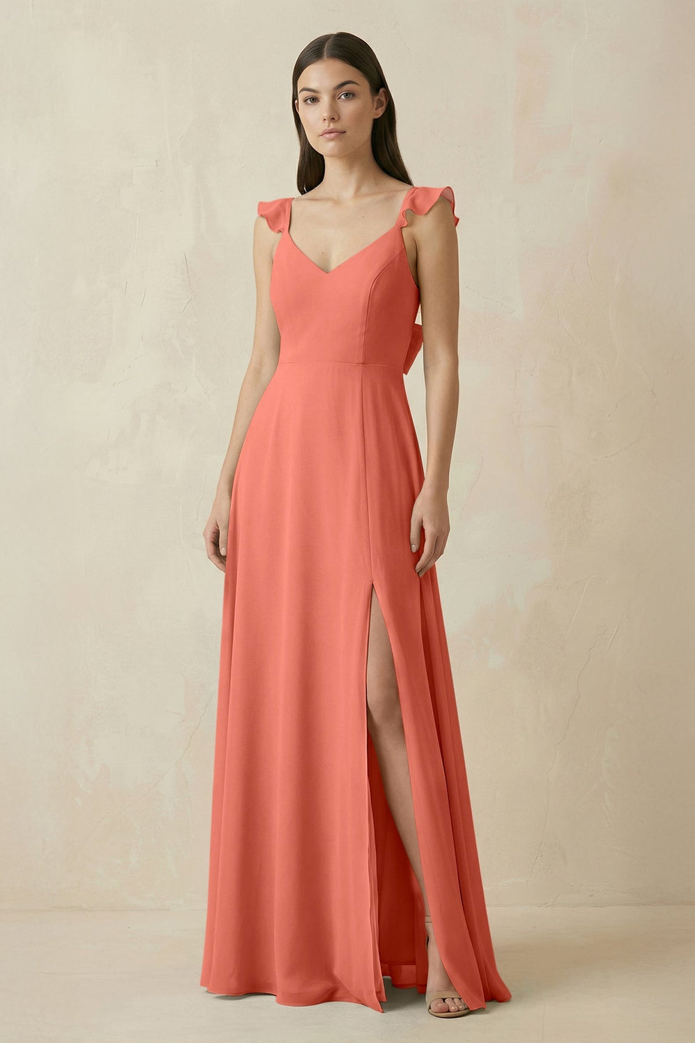 Ruffled Sleeve A - Line Chiffon Bridesmaid Dress in Wild Rose - SHE IS ME Bridesmaid Dresses