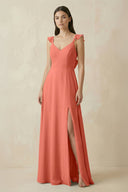 Ruffled Sleeve A - Line Chiffon Bridesmaid Dress in Wild Rose - SHE IS ME Bridesmaid Dresses
