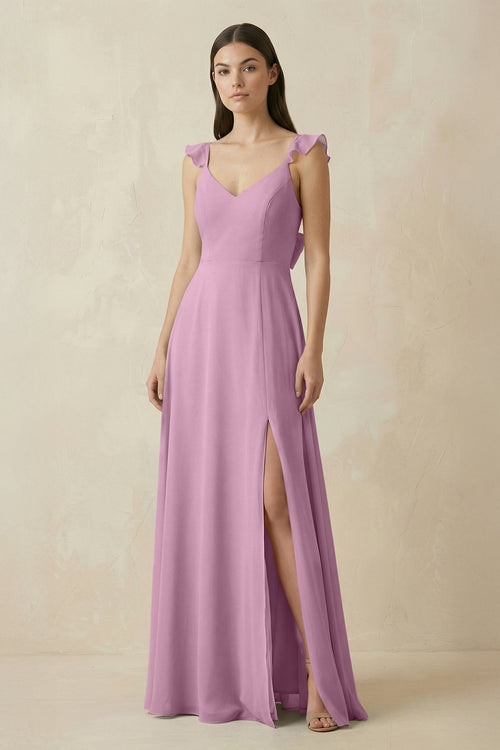 Ruffled Sleeve A - Line Chiffon Bridesmaid Dress in Wisteria - SHE IS ME Bridesmaid Dresses