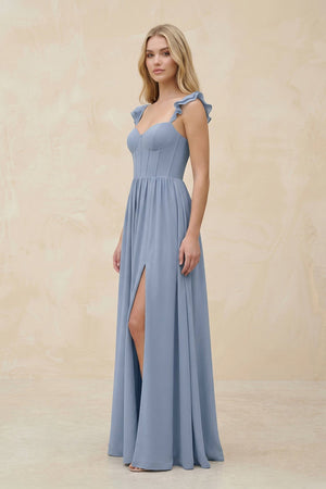 Ruffled Sleeve A - Line Corset Chiffon Bridesmaid Dress in Twilight - SHE IS ME Bridesmaid Dresses